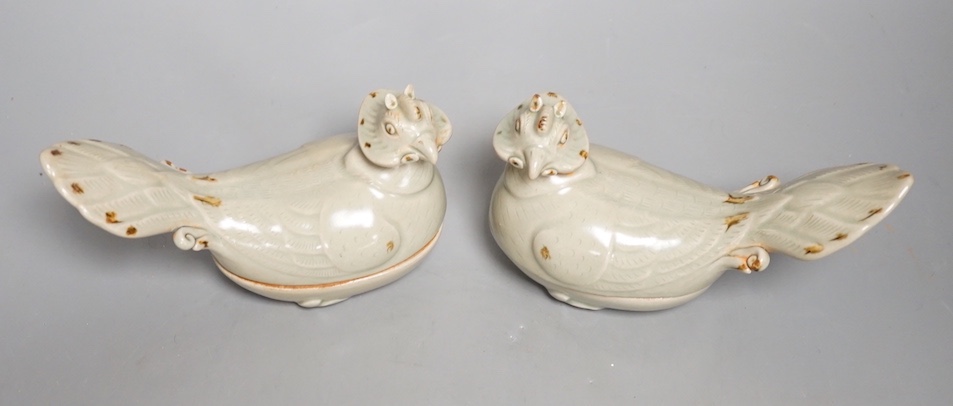 A pair of Chinese celadon glazed 'bird' vessels and covers 16cm